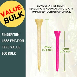FINGER TEN Bamboo Golf Tees Wood 2 3/4 3 1/4 Inch 83mm 70mm Bulk 250 500 1000 Count, Practice Golf Tee Wooden for Men Women Kids (Multicolor, 500 Count(2 3/4 Inch))