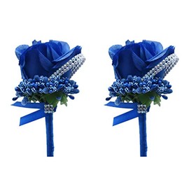 BUUEERR Pack of 2 Satin Rose Boutonniere Buttonholes Groom Groomsman Best Man Rose Wedding Flowers Accessories Prom Suit Decoration Boutineers for Men Wedding, Prom, Party,Homecoming (Blue)