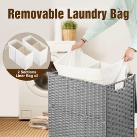 Greenstell Laundry Hamper with 2 Removable Liner Bags - 90L Divided Clothes Hamper, Handwoven Synthetic Rattan Foldable Laundry Basket with Lid and Handles Gray (18.3x13.3x24.0Inches)
