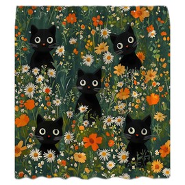 JWJAMM Cute Cat Shower Curtain Boho Floral Daisy Flower Spring Funny Black Cats Modern Aesthetic Colorful Wildflower Plant Botanical Cartoon Bath Curtains with Hook,70x70 Inch