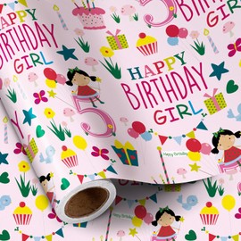 RUSPEPA Happy 5th Birthday Wrapping Paper Roll for Girls, Mini Roll, Pink Happy Birthday Girl Pattern Design for Party and More, 17 inches x 16.4 feet, 5 Years Old