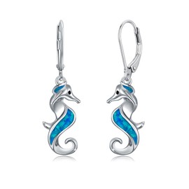 Seahorse Earrings S925 Sterling Silver Ocean Seahorses Sea horse Earrings with Blue Opal Sea horse Drop Dangle Earrings Beach Jewelry for Women Sister Best Friend Birthday Christmas Gifts