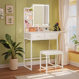 LIMGLIM Small Vanity Desk with Mirror and Lights, Makeup Vanity with Fabric Storage Drawer & Chair & Shelves, White Vanity with Fold-up Panel and Power Outlet, Bedroom