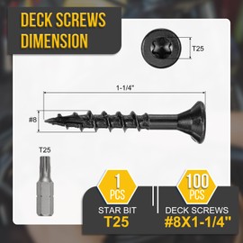 DTGN #8x1-1/4 Deck Screws - 100Pack - Good for Decks, Fences, Frames, Farms, Outdoor Furniture - Carbon Steel Wood Screws W/ T25 Torx Star Drive Bit - Black