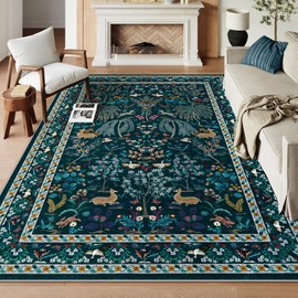 OJIA 8x10 Rugs for Living Room, Soft Bedroom Rug Washable Area Rugs 8x10, Floral Non-Slip Modern Dining Room Rug Stain Resistant Boho Floor Carpet for Playroom Kids Nursery Farmhouse, Blue
