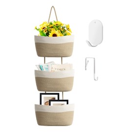 Wycoroy Hanging Baskets for Organizing,Bathroom Organizers and Storage,3-Tier Woven Cotton Wall-Mounted Storage Organizer Bag Decorative,Kitchen,Living Room,Bedroom,Nursery