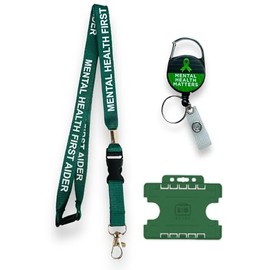 Mental Health First Aider Lanyard, Retractable Badge Reel and Horizontal Badge Holder, Green