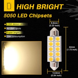 Qasim 578 212-2 Led Bulb 44mm Warm White Festoon Bulb 10-SMD 5050 LED Interior Map Dome Lights 211-2 579 214-2 569 6411 Led Bulb 12V DC-Pack of 6