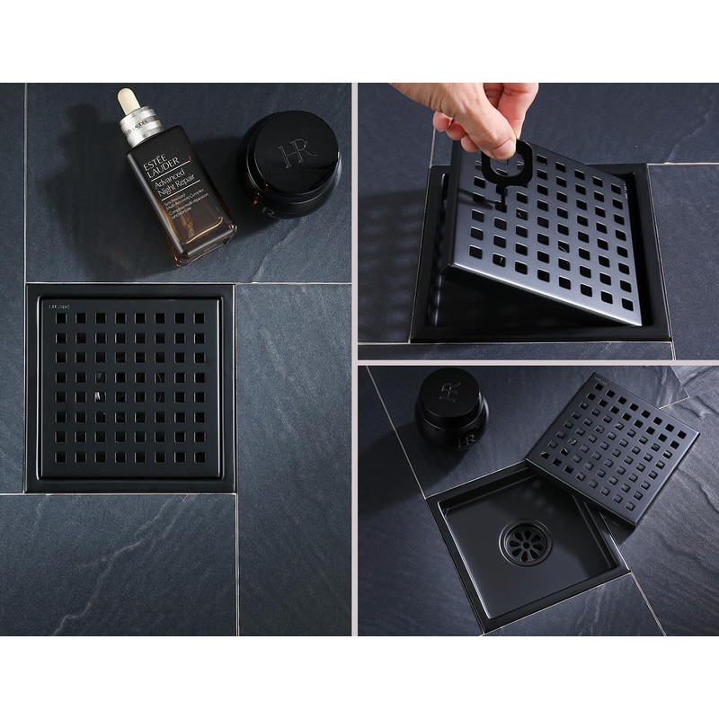 6 Inch Square Shower Drain Kit, Matte Black 304 Stainless