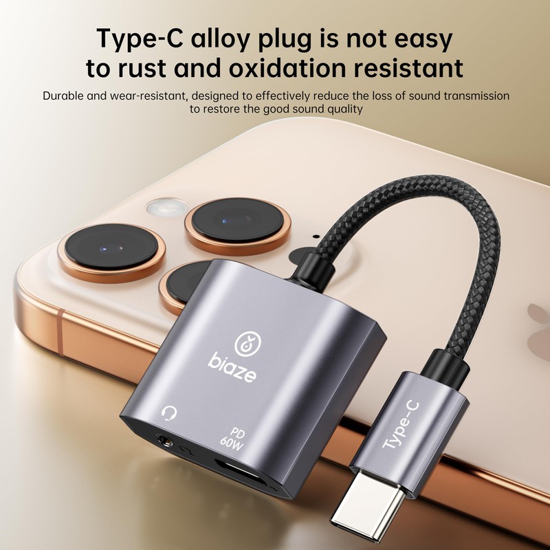 biaze USB‑C to 3.5 mm Headphone & Charger Adapter – 60 W