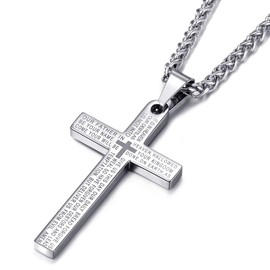 Cross Necklace for Men Lord's Prayer Cross Pendant with 24 Inches Stainless Steel Link Chain