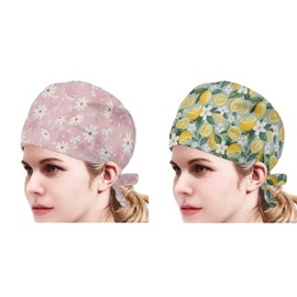 Babrukda 2 Pack Caps Built-in Sweatband Adjustable Strap Back Hats Headwear for Women Men One Size Head Hair Cover, Daisy Floral Lemon, for Athletic Camping Hiking