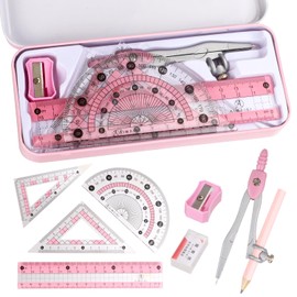Compass Geometry Tool Protractor and Compass Set with Metal Box Drawing Compass with Rulers Math Compass Kit for Class Supplies and School 9 Piece