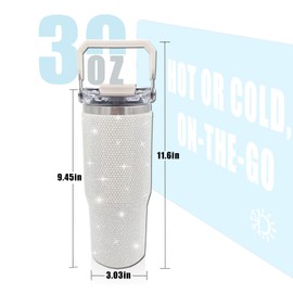 30oz Bling Rhinestone Studded Tumbler with Top Handle and Leakproof Lid Vacuum Insulated Stainless Steel Glitter Crystal Water Bottle with Flip Straw Reusable Cup Outdoors Travel Mugs (Milky)