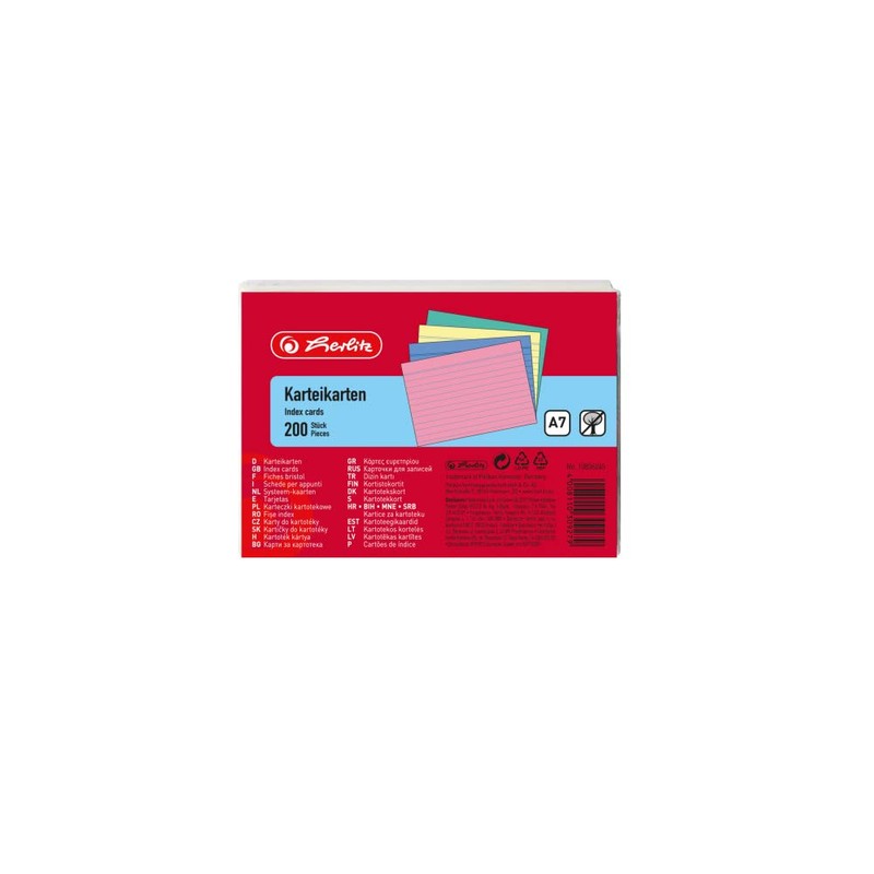 Herlitz 10836245 Index Cards A7 Ruled Assorted Colours Pack of