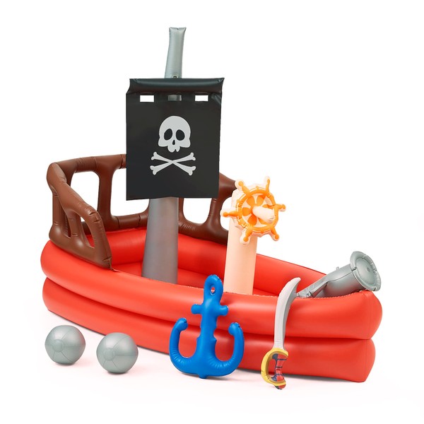 Teamson Kids Water Pool Pirate Ship Inflatable Kids Sprinkler with Air Pump, Beach Balls, & Accessories, Inflatable Outdoor Play Sprinkler System, Red