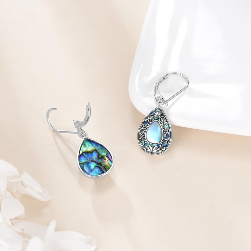 Vadmans Moonstone Teardrop Earrings Sterling Silver Abalone Shell Vintage Filigree