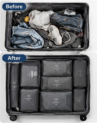 Before and after: a loose pile versus the cubes packed edge to edge