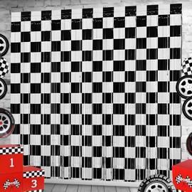 Race Car Foil Fringe Curtains Backdrop Birthday Party Decorations, 2 Pack 3.28 x 6.56 Ft Black White Foil Fringe Curtain Photo Booth Props Racing Car One Happy Dude Birthday Party Decorations
