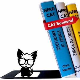 Renovatio Black Metal Bookend – Cute, Unique, Geeky Decor for Home, Office & Kids Room – Heavy Duty, Non-Slip Minimalist Bookends for Shelves – Cat Design