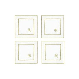 Roumelie Orientale 100% Pure Linen Embroidered Cocktail Napkin Set of 4 - “ White Palm Charm”, Handcrafted, Premium Quality, 6 x 6 inches, Machine Washable
