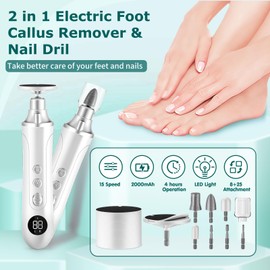 Electric Callus Remover for Feet,15 Speed Adjustable Pedicure Tools for Feet with LED Display, 2 in 1 Nail Drill Foot File, 2000 mAh Rechargeable Electric Foot Scrubber for Dead Skin and Thick Toenail