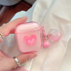 ChouXiLin Compatible with AirPods 1st & 2nd Gen Transparent Silicone Case, Cute Pink Heart Design with Adjustable Lanyard Keychain, Travel-Friendly Protective Cover for Women & Men