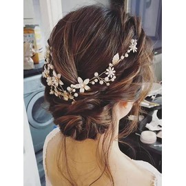 JWICOS Bride Wedding Pearl Hair Vine Gold Crystal Flower Hair Piece Bridal Hair Accessories for Women and Girlss (rose gold)