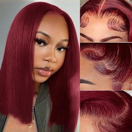 YYJP 12 Inch Bob Wig Human Hair - Burgundy 13x4 HD Lace Front Wigs Human Hair for Black Women, 180% Density, Natural Hairline, Straight Short Glueless Wigs Human Hair Pre Plucked Pre Cut Bob