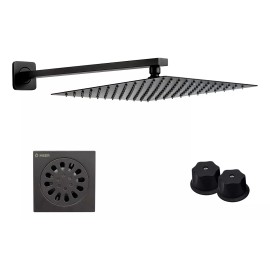 CNX Kit De Regadera (20 X 20 Cm) Cuello De 30 Cm, Resumidero Cuadrado (10 X 10 Cm) Y Manerales En Negro Mate