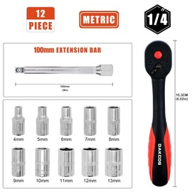DAKCOS 1/4'' Drive Socket Set with 72 Teeth Ratchet Wrench Handle & Extension Bar 4inch(100mm), Socket Set 4-13mm