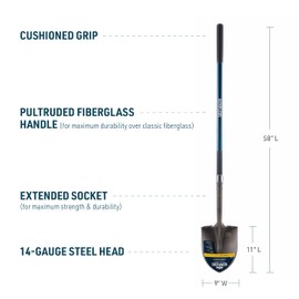 Gemplers Commercial Grade Round Point Shovel with Extended Socket (Fiberglass Handle, Measures 58" L Overall)