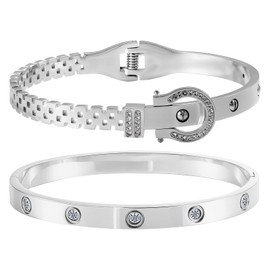 Acnode 2PCS Gold Bracelets for Women Friendship & Love Theme Crystal Bangle Set Stainless Steel Non Tarnish Jewelry, Ideal Birthday Gift. (Silver-A)