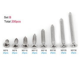 200pcs SS Grade Self Tapping Screws 304 Stainless Steel M3 Self Tapping Screws Kit Lock Nut Wood Screws Nail Screw Set (Set B) Woodworking Accessories
