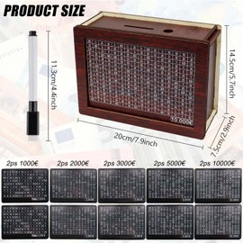 Wooden Money Box with Ticking Numbers, 1 Wooden Money Box with 1 Pen and 10 Target Stickers, Money Box for Adults and Children, Money Box, The Habit of Saving (€1000-€10,000 Target Stickers)