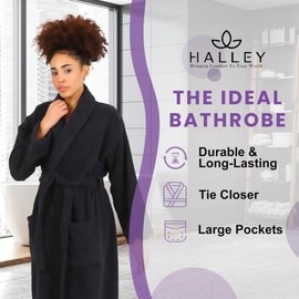 HALLEY Luxury Bathrobe for Women & Men, Shawl Collar Spa Bath Robes Terry Cotton Ultra Soft Shower Robe with Pockets - Black