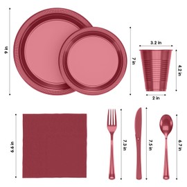 182 Pcs Plastic Dinnerware Set Includes 26 Of Each 9" Burgundy Plastic Dinner Plates | 7" Plastic Dessert Plates | 12 oz Plastic Cups | Burgundy Napkins | Plastic Spoons, Forks & Knives Exquisite