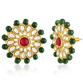 Aheli Red Green Kundan & Beads Studded Round Stud Earrings Ethnic Jewellery Gift for Women