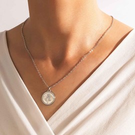 Inilbran Boho Flower Disc Necklace Vintage Coin Pendant Necklace Silver Sequins Choker Necklace Coin Disc Chain Necklace Jewellery for Women and Girls, Zinc
