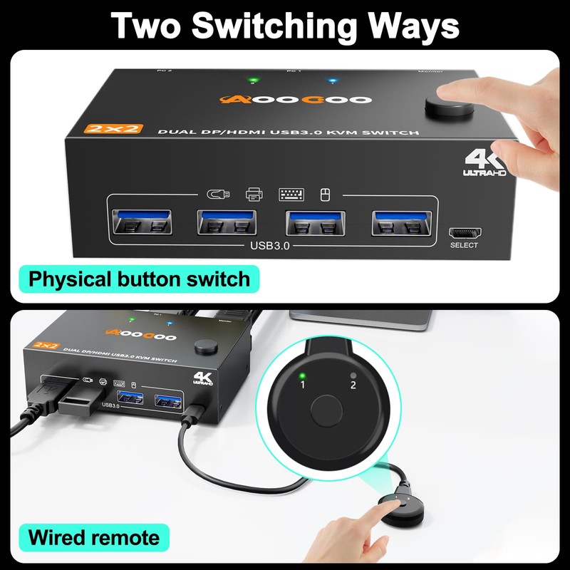 KVM Switch 2 Monitors 2 Computers 4K@60Hz,DP+HDMI USB3.0 Dual Monitor