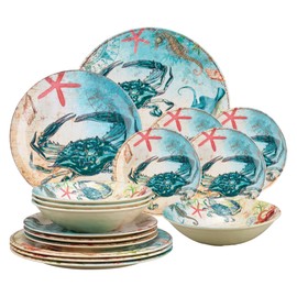 Supreme Housewares 16-Piece Melamine Dinnerware Set, Includes Dinner Plates, Salad Plates, Dessert Plates, Bowls, Service for 4. (Crab)