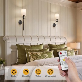 NookNova Battery Operated Wall Sconce, 13000mAH Rechargeable Wall Sconce Set of 2 with Remote 3 Colors Wireless Battery Powered Wall Lamp Decor Fixture for Bedroom Living Room