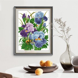 Stamped Cross Stitch Kits for adults Full Range of Easy Patterns Embroidery Starter Kits for Beginners，Printed Cross-Stitch Kits for Home Decor DIY 14CT 2 Strands-Iris，16.5x20.5 inch