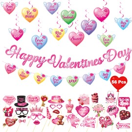 56 Pcs Valentines Party Decorations Kit, Happy Valentine’s Day Banners Hanging Swirls and 30 Pcs DIY Selfie Photo Props Party Supplies, for Wedding Party Home Office Ornaments