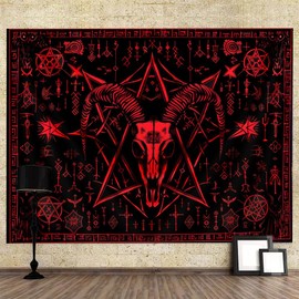 Hjokiupt Goat Head Gothic Tapestry, Pentagram Devil Demon Symbol Tapestries, Mysterious Red Tapestry Wall Hanging for Living Room Bedroom College Dorm 60X40 inch