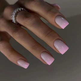 Pink Press on Nails Medium Square MABKJLF French Fake Nails Gradient Full Cover False Nails with Nail Glue Glossy Glue on Nails Stick on Nails Acrylic Nails Artificial Nails for Women Girls 24Pcs