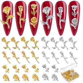 UHOMENY 50PCS 3D Gold Silver Rose Nail Charms, Flower Rose Golden Metallic Mini Alloy Nail Art Decals DIY Nail Accessories Studs for Women Girls Salon Nail Manicure Craft Jewelry Making with Box