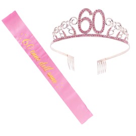 Set of 2 60th Birthday Sash and Tiara Pink Birthday Sash Birthday Crown 60 Birthday Crown Princess Crystal Crown Sash for Women 60th Birthday Gifts Party Supplies