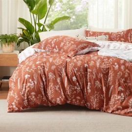 Bedsure Bedsure Duvet Cover Queen Size - Reversible Terracotta Queen Duvet Cover Set with Zipper Closure, 3 Pieces Floral Patterned Bedding Set with 8 Corner Ties and 2 Pillow Shams