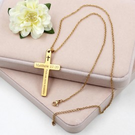 Oneress Stainless Steel Faith Necklace | Gold Plated Engraved Cross Pendant | Matthew 17:20 Bible Verse Jewelry | Jesus Savior Necklaces | Prayer Meeting Classic Ball Bead Chain YA5186-Gold